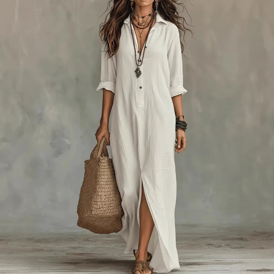 Women's Long Sleeve Maxi Shirt Dress - White