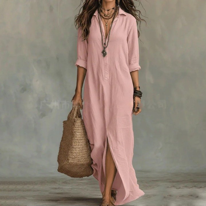 Women's Long Sleeve Maxi Shirt Dress - Pink