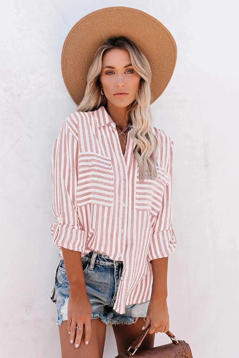 Women's Long Sleeve Striped Oversized Shirt - Pink