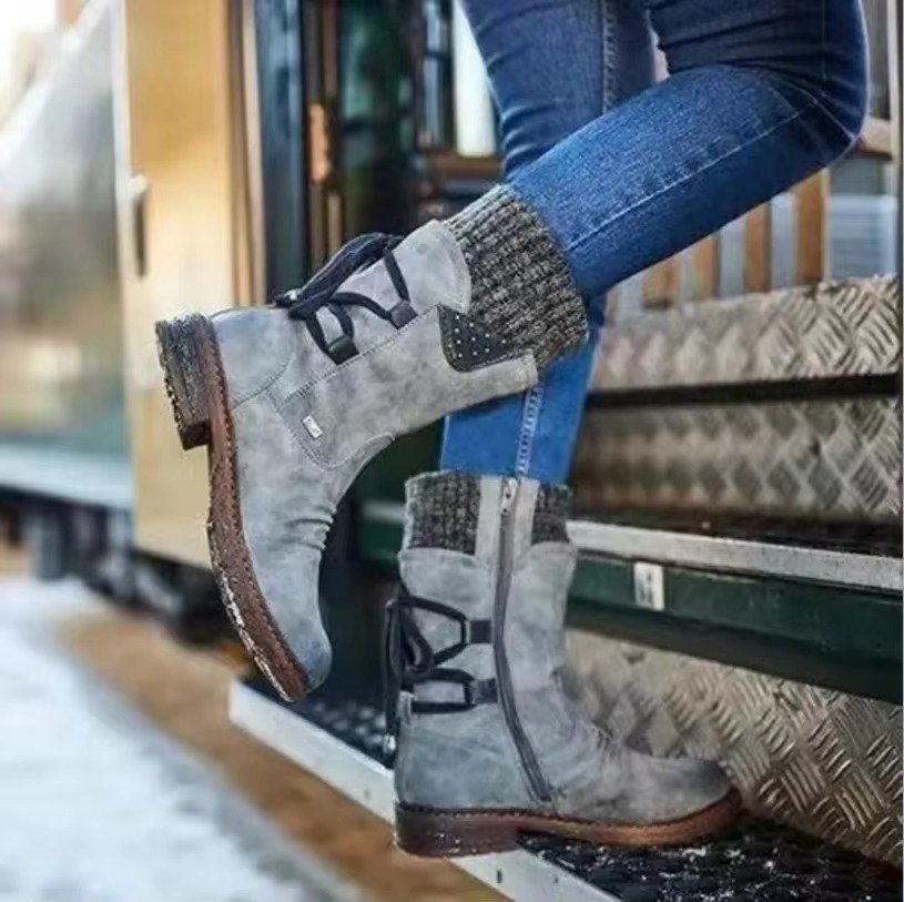 Women's Leather Mid-Calf Ankle Boots - Gray