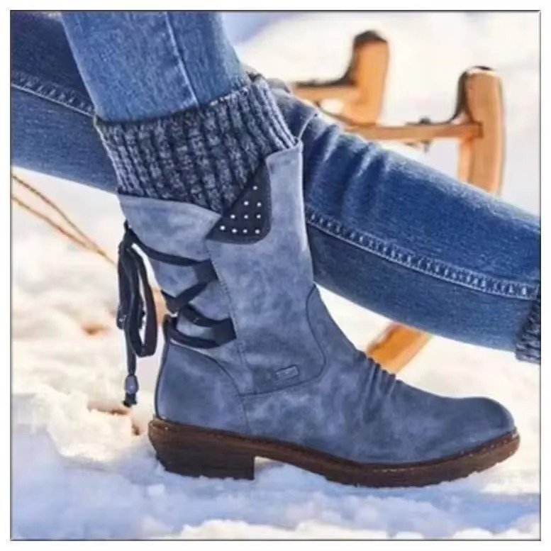 Women's Leather Mid-Calf Ankle Boots - Blue