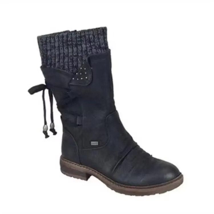 Women's Leather Mid-Calf Ankle Boots - Black