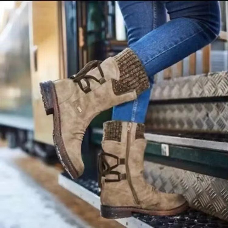 Women's Leather Mid-Calf Ankle Boots - Khaki