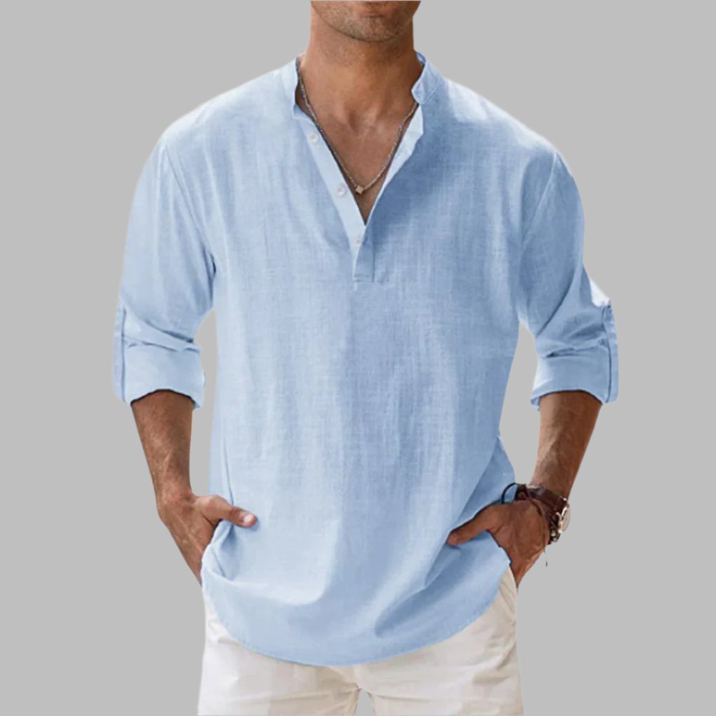 Men's Long Sleeve Henley Shirt - Light Blue