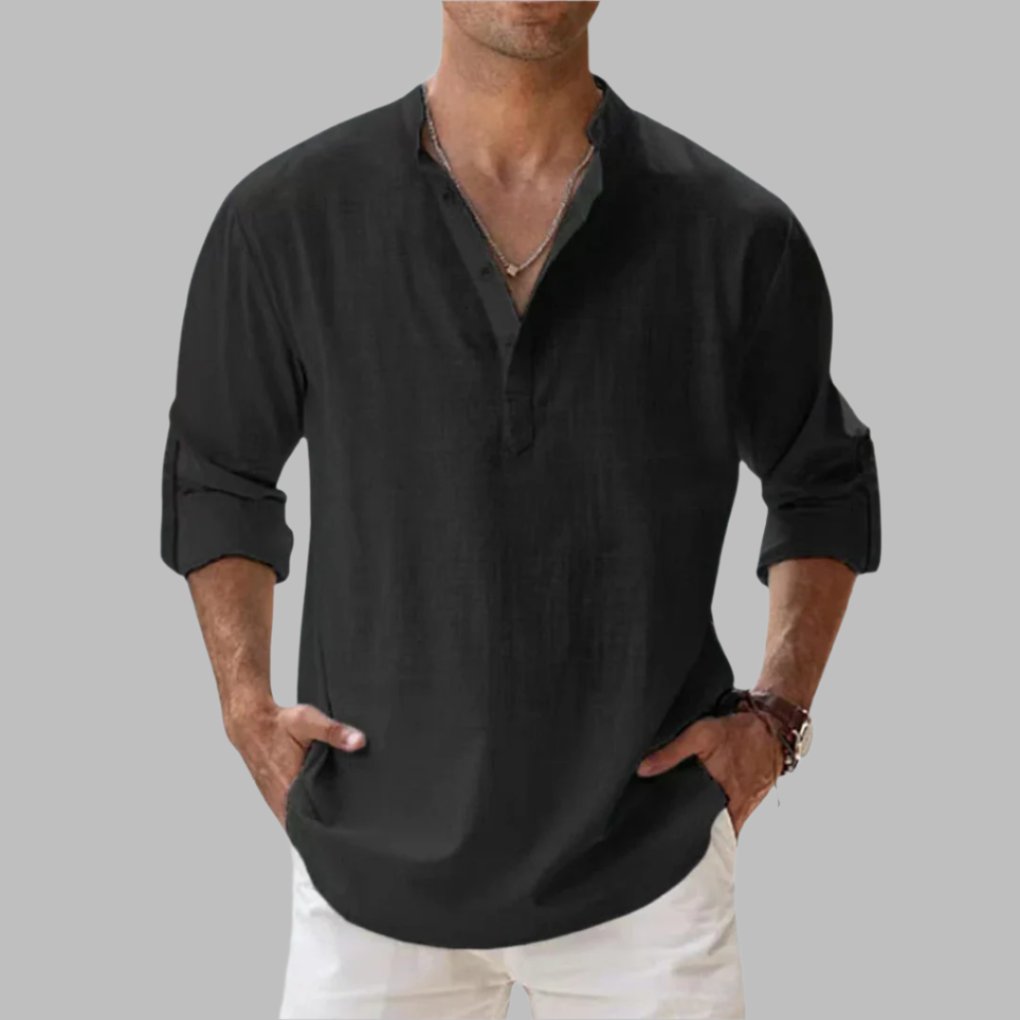 Men's Long Sleeve Henley Shirt - Black