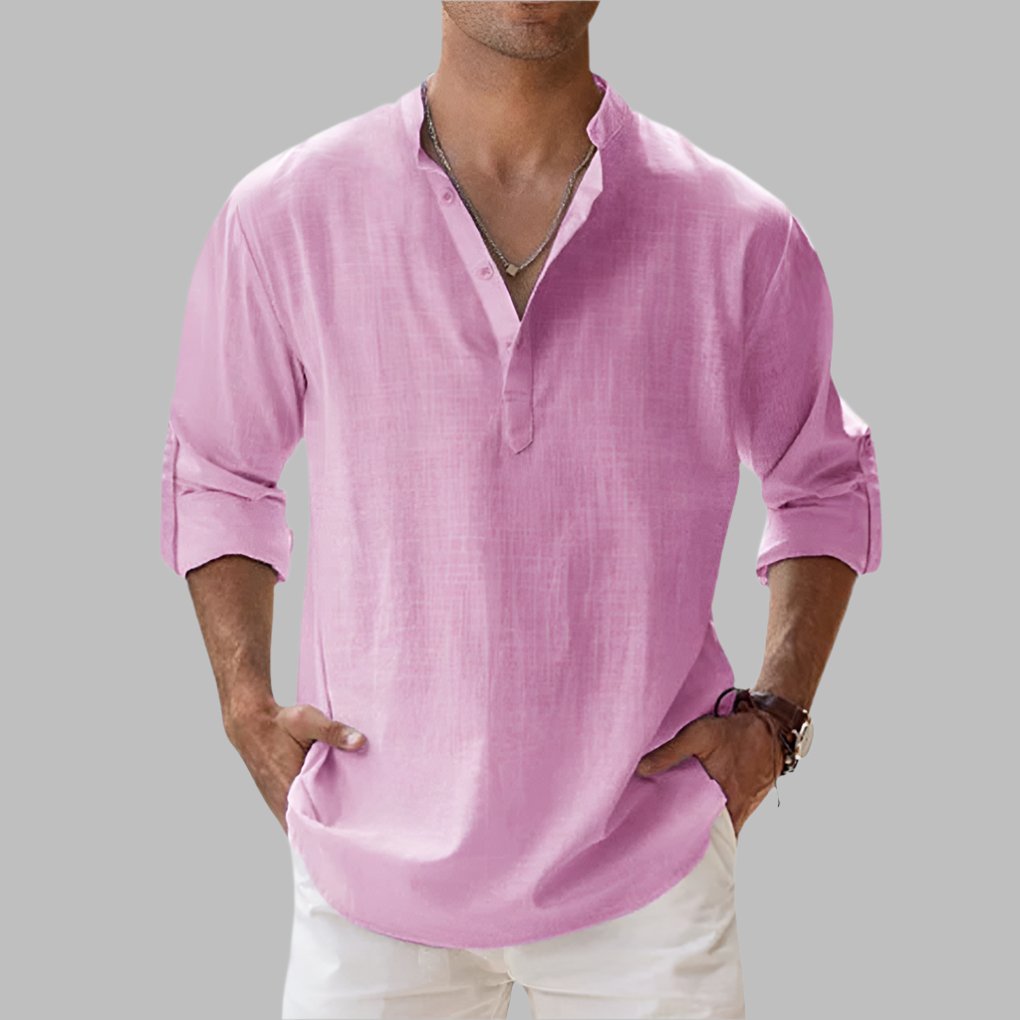 Men's Long Sleeve Henley Shirt - Pink