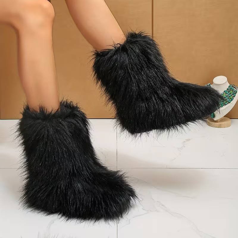 Women's Faux Fur Mid-Calf Ankle Boots - Black