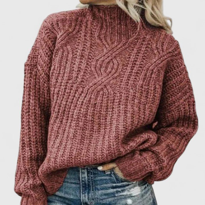 Women's Oversized Cable Knit Roll Neck Jumper - Pink
