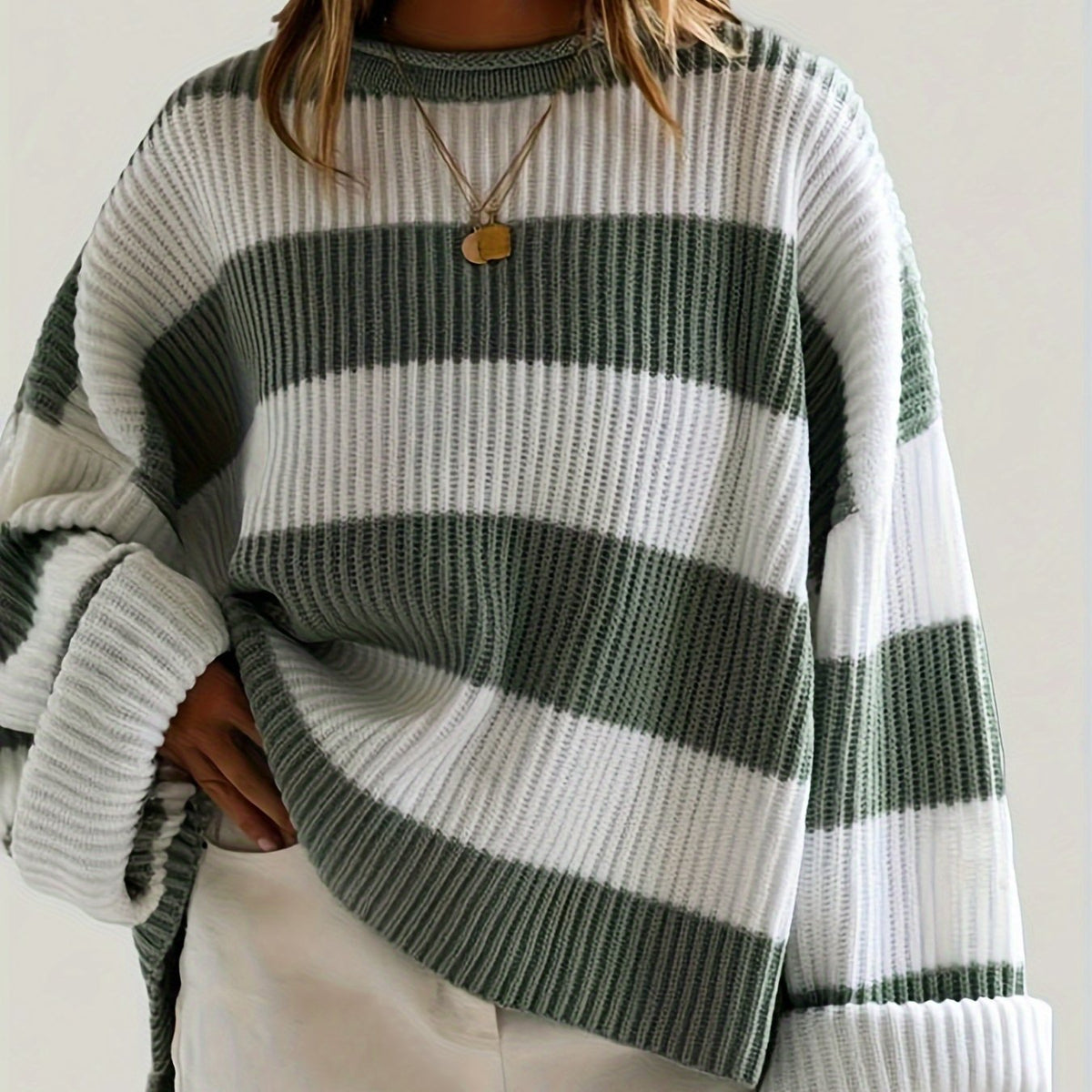 Women's Oversized Striped Knit Jumper - Green