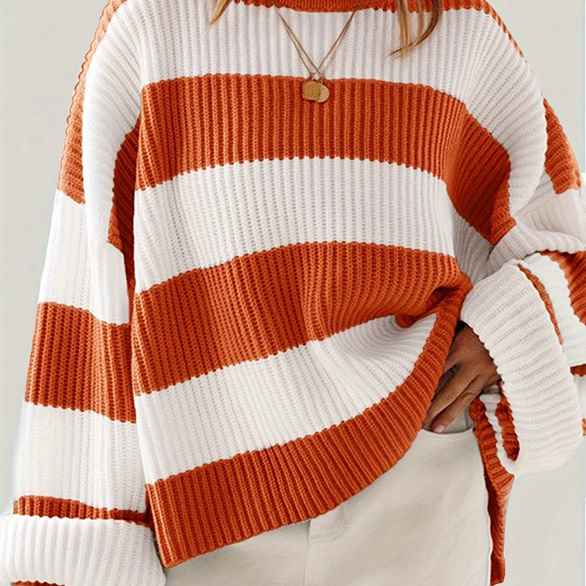 Women's Oversized Striped Knit Jumper - Orange Red
