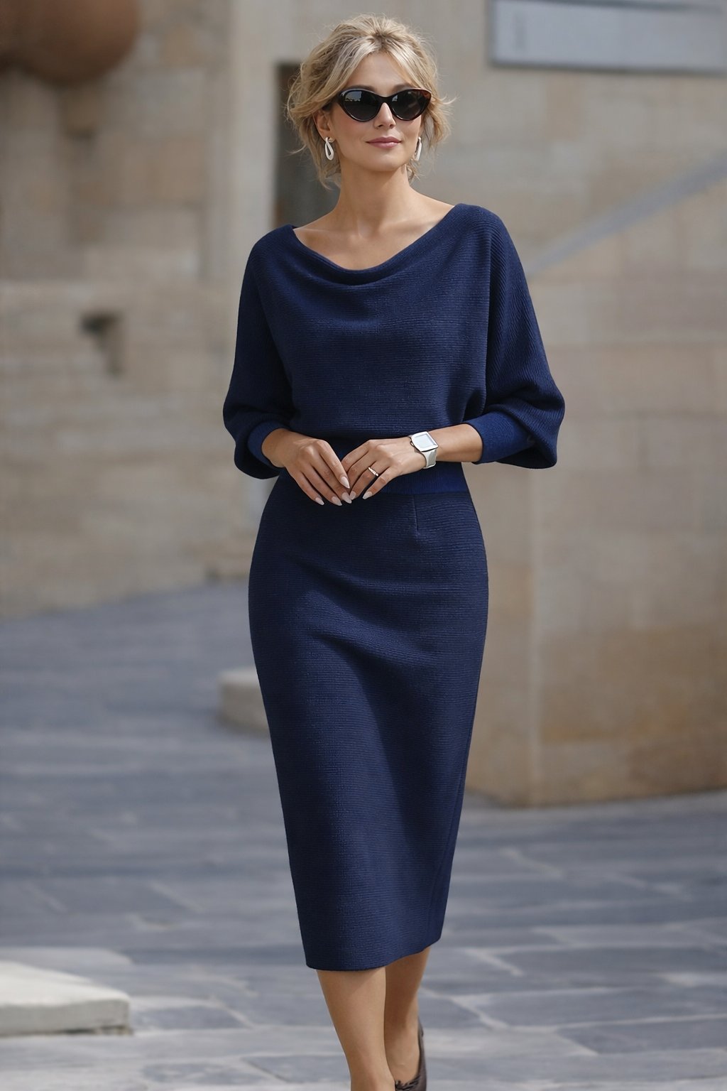 Women's Bodycon Knit Midi Dress - Navy Blue