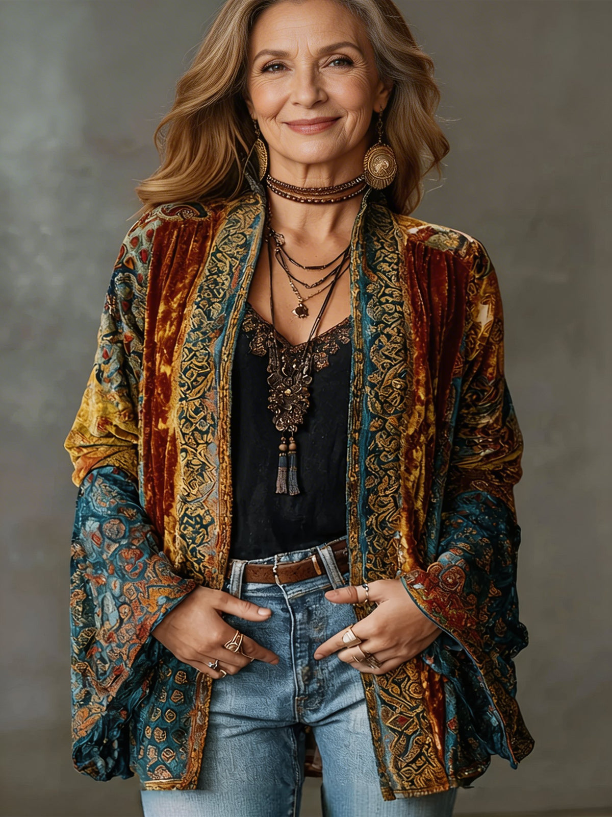 Women's Paisley Velvet Kimono Jacket - Burgundy