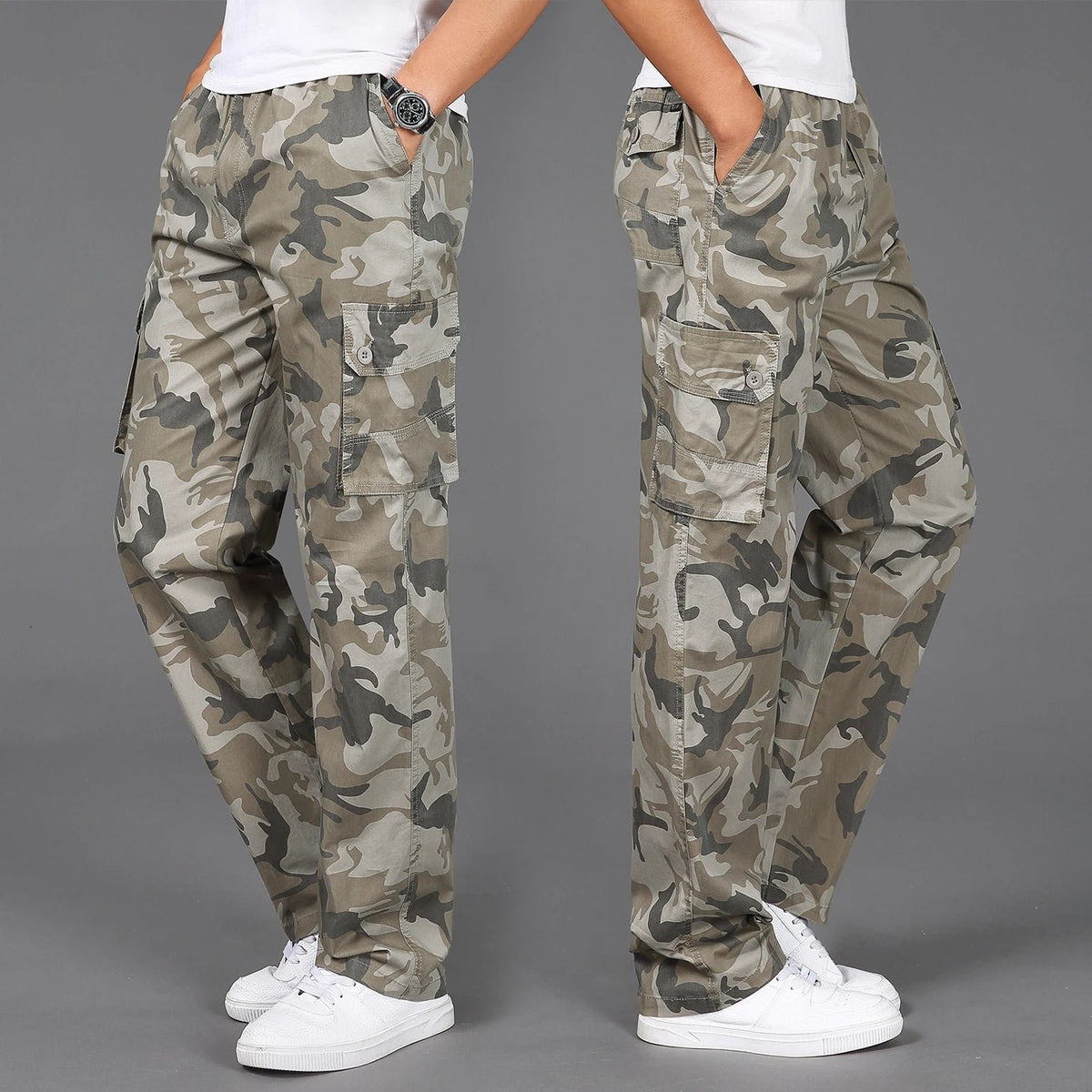 Men's Camo Cotton Cargo Trousers - Desert Beige