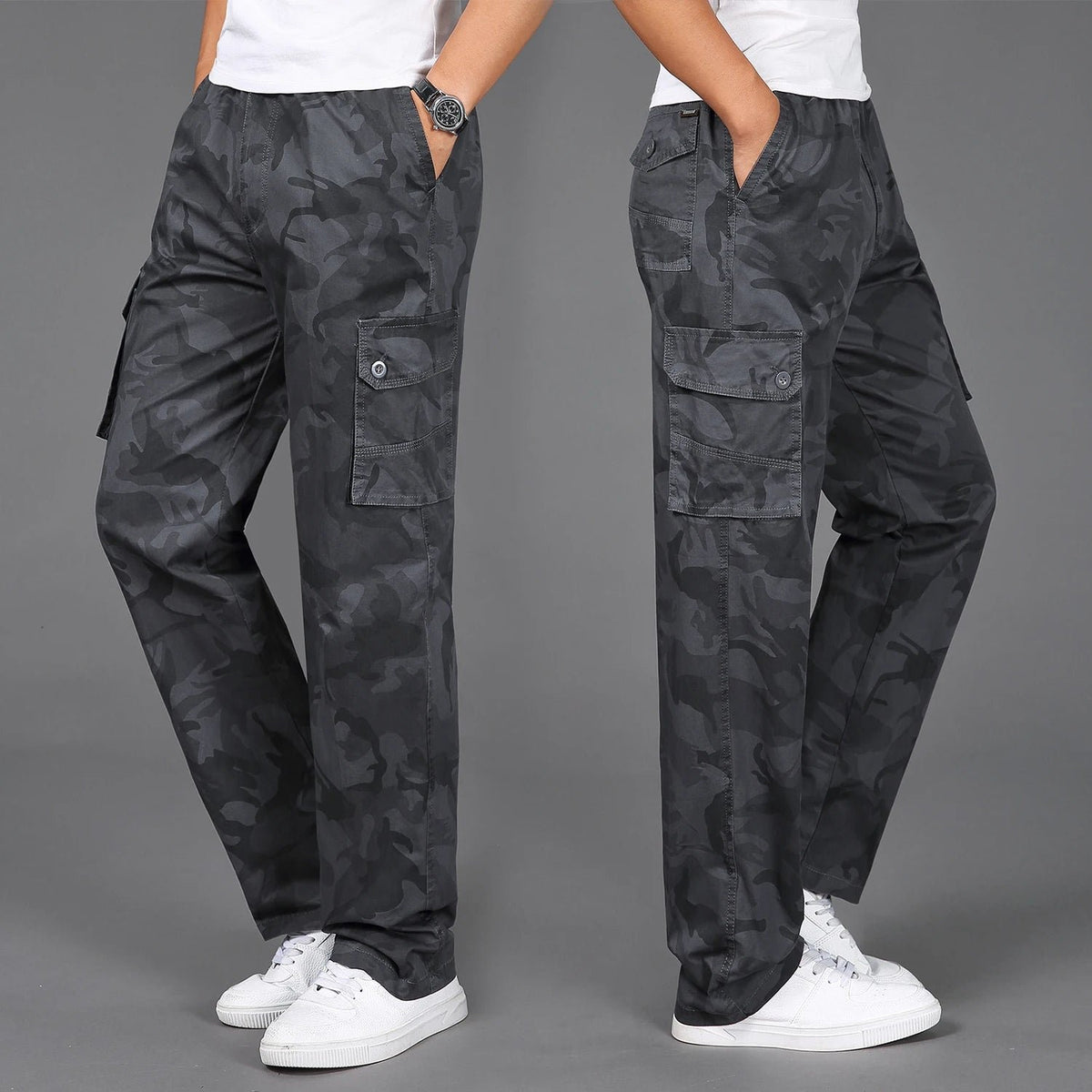 Men's Camo Cotton Cargo Trousers - Dark Grey