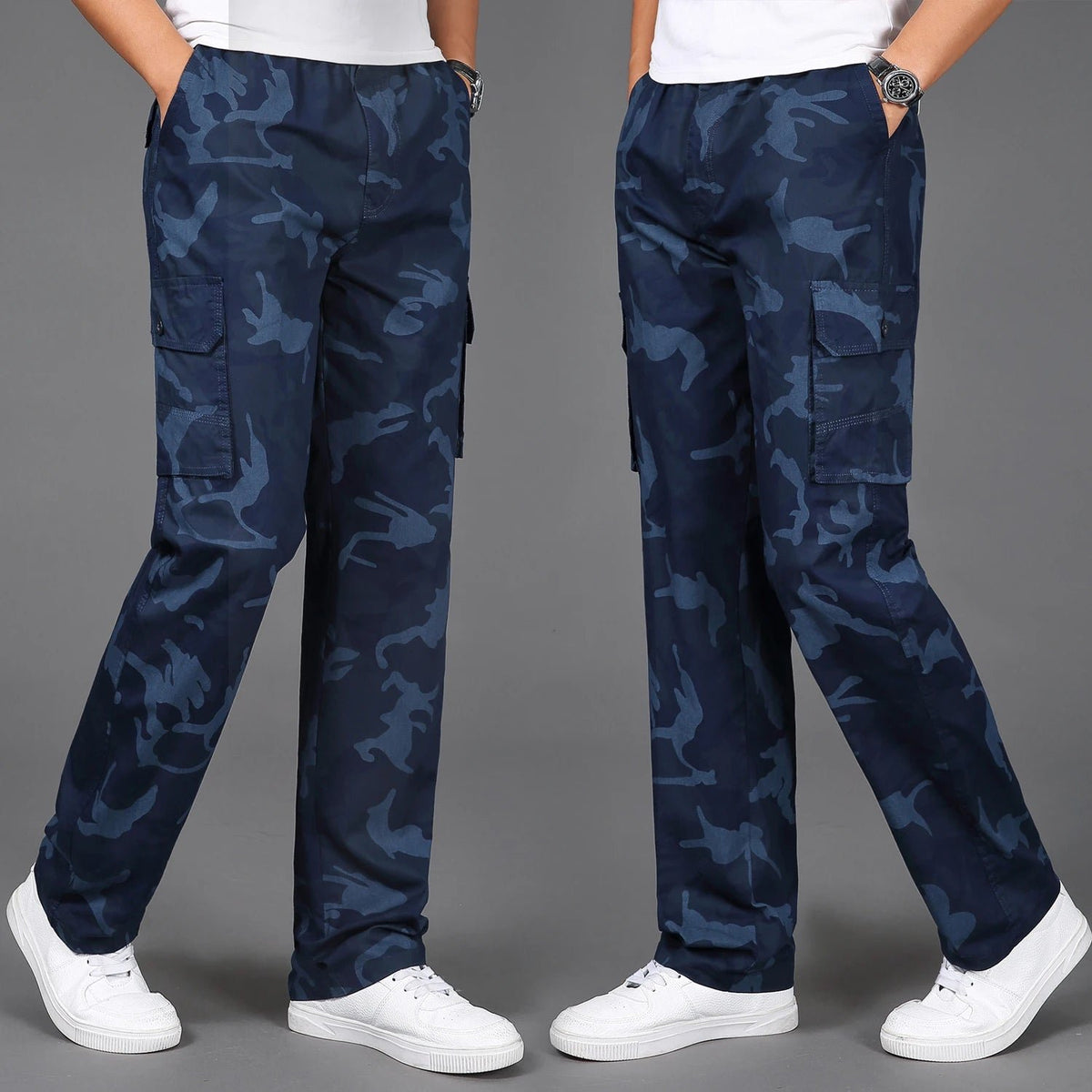 Men's Camo Cotton Cargo Trousers - Navy Blue