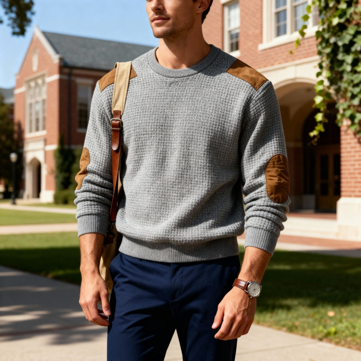 Men's Wool Blend Suede-Patch Jumper