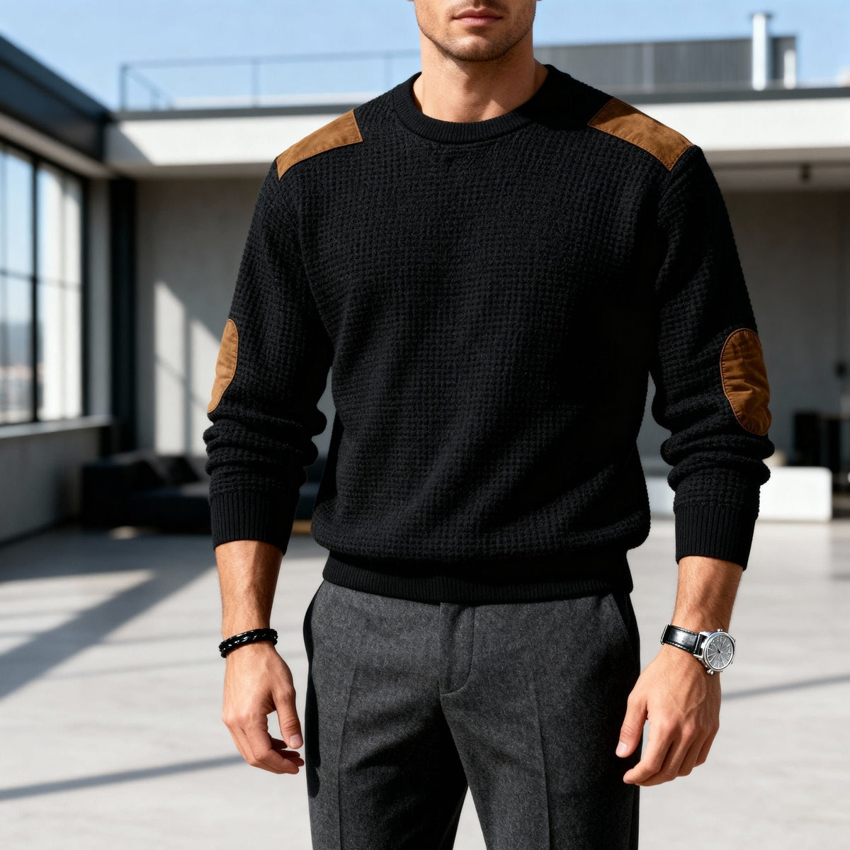 Men's Wool Blend Suede-Patch Jumper