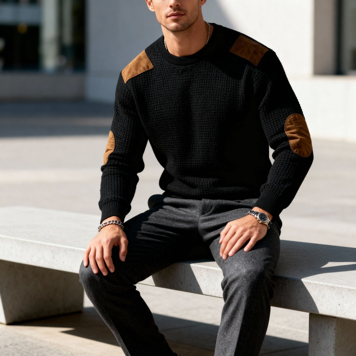 Men's Wool Blend Suede-Patch Jumper