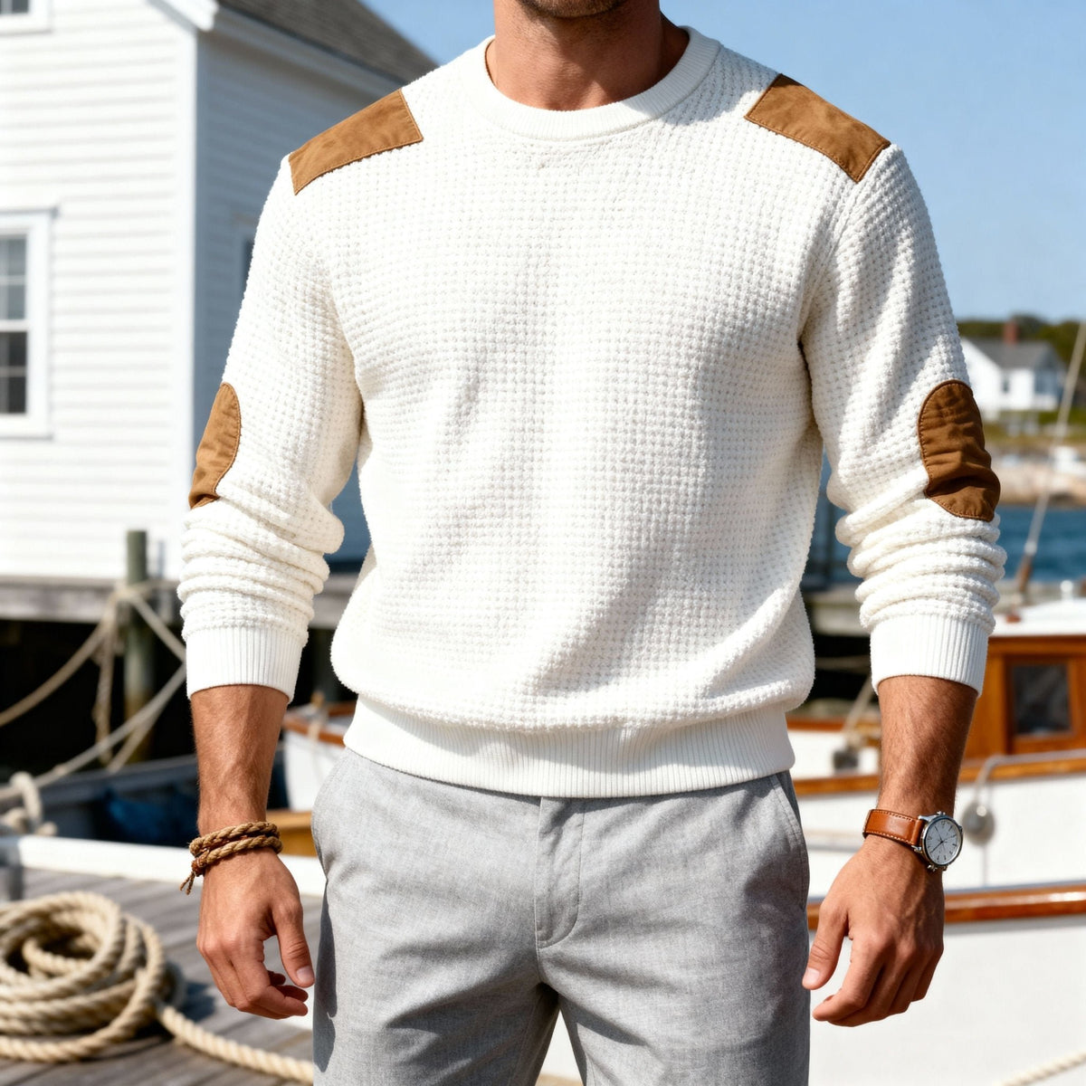 Men's Wool Blend Suede-Patch Jumper