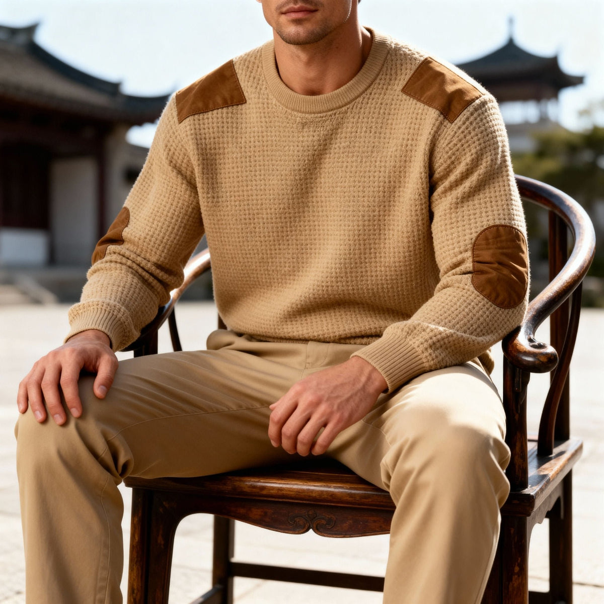 Men's Wool Blend Suede-Patch Jumper
