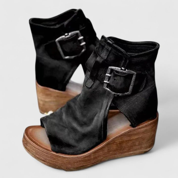 Women's Leather Wedge Booties - Black