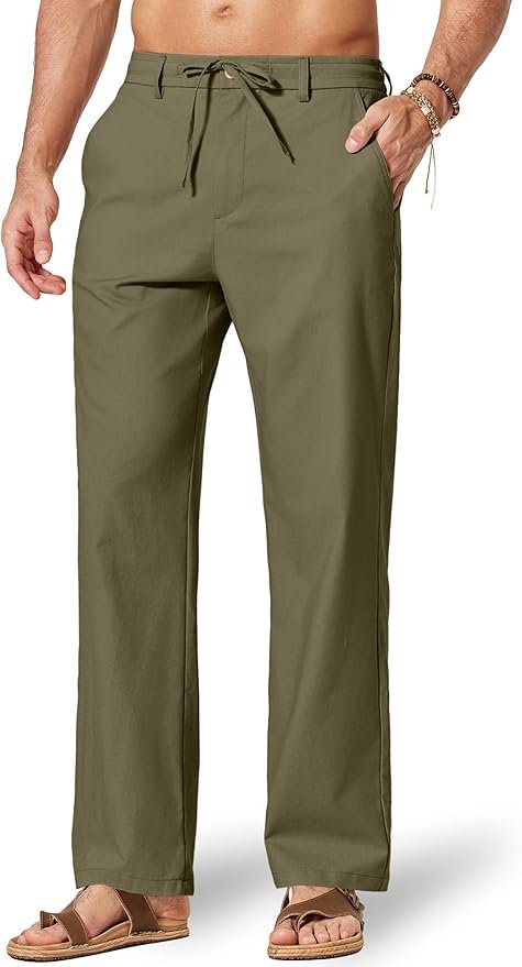 Men's Linen-Blend Beach Trousers - Olive Green