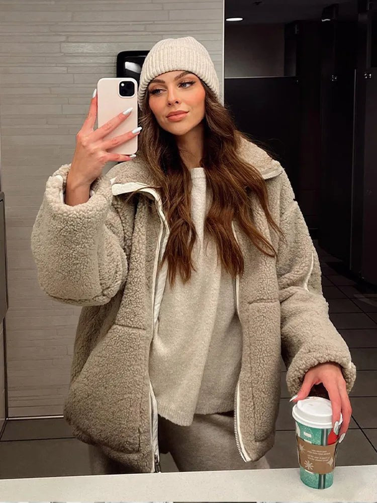 Women's Oversized Faux Fur Jacket - Beige