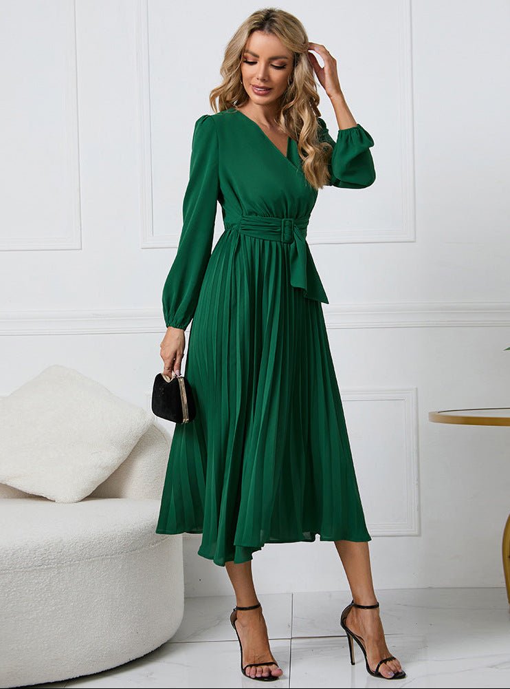 Women's Pleated Chiffon Cocktail Midi Dress - Green
