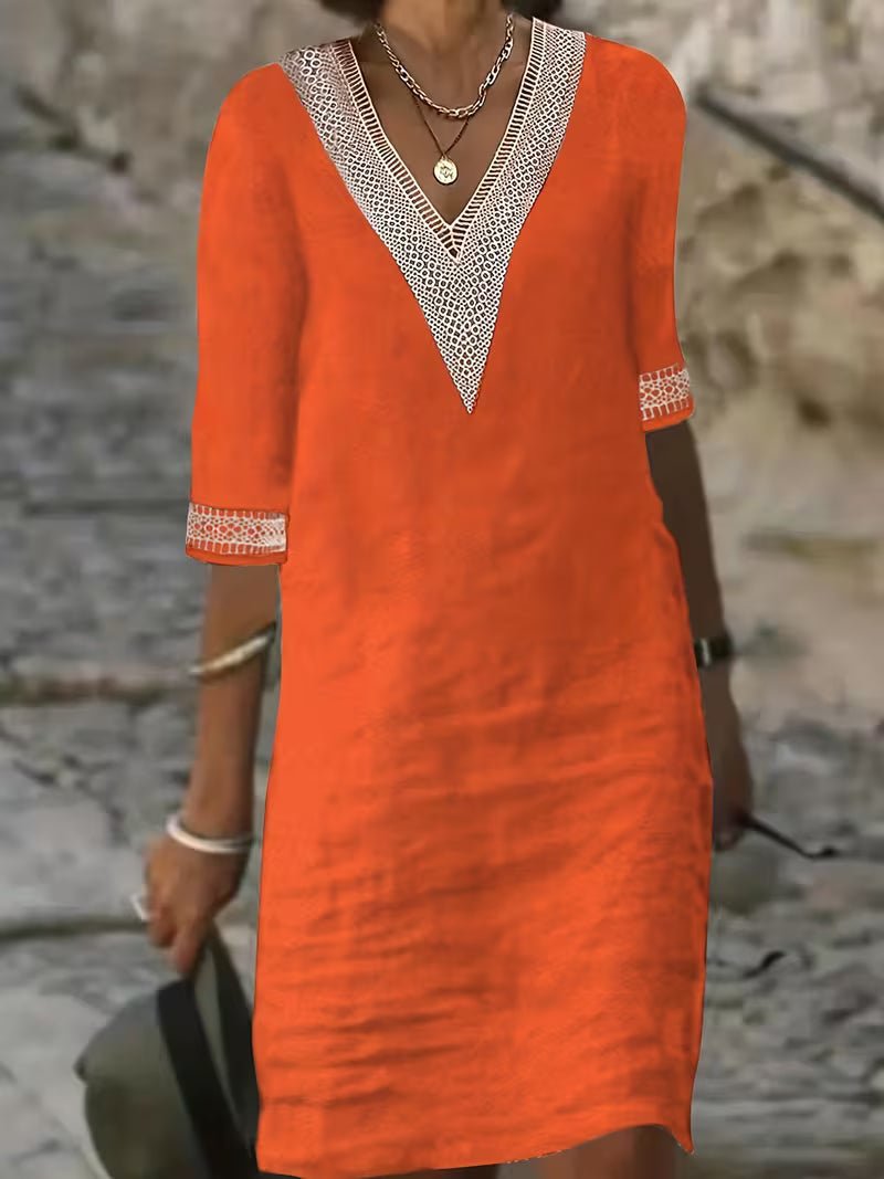 Women's Black Vacation V-Neck Shift Dress - Orange