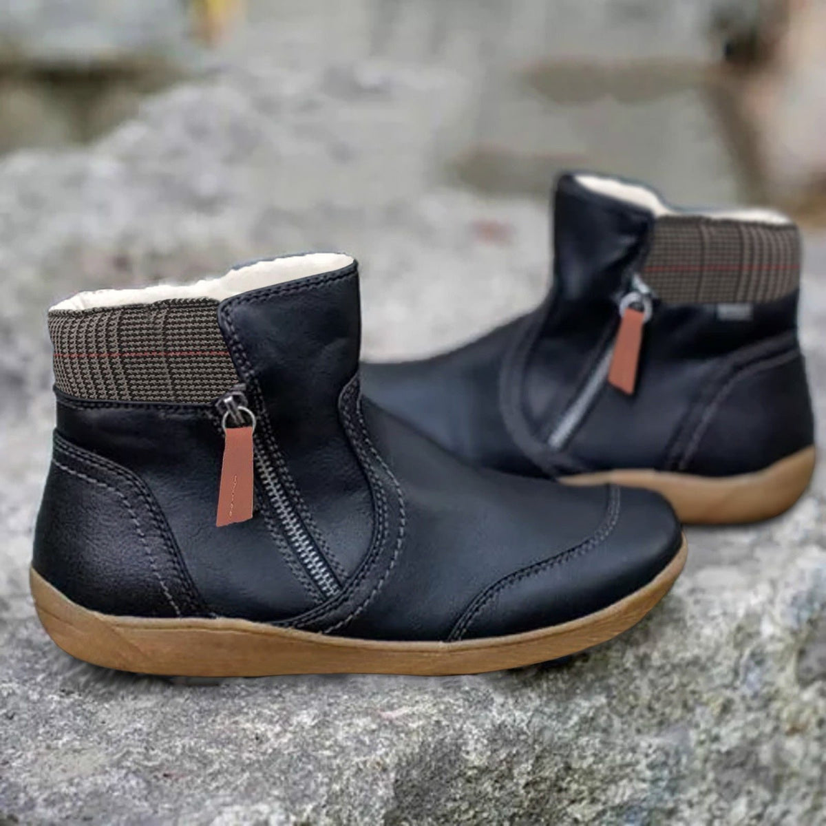 Women's Plaid Faux Leather Ankle Boots - Black