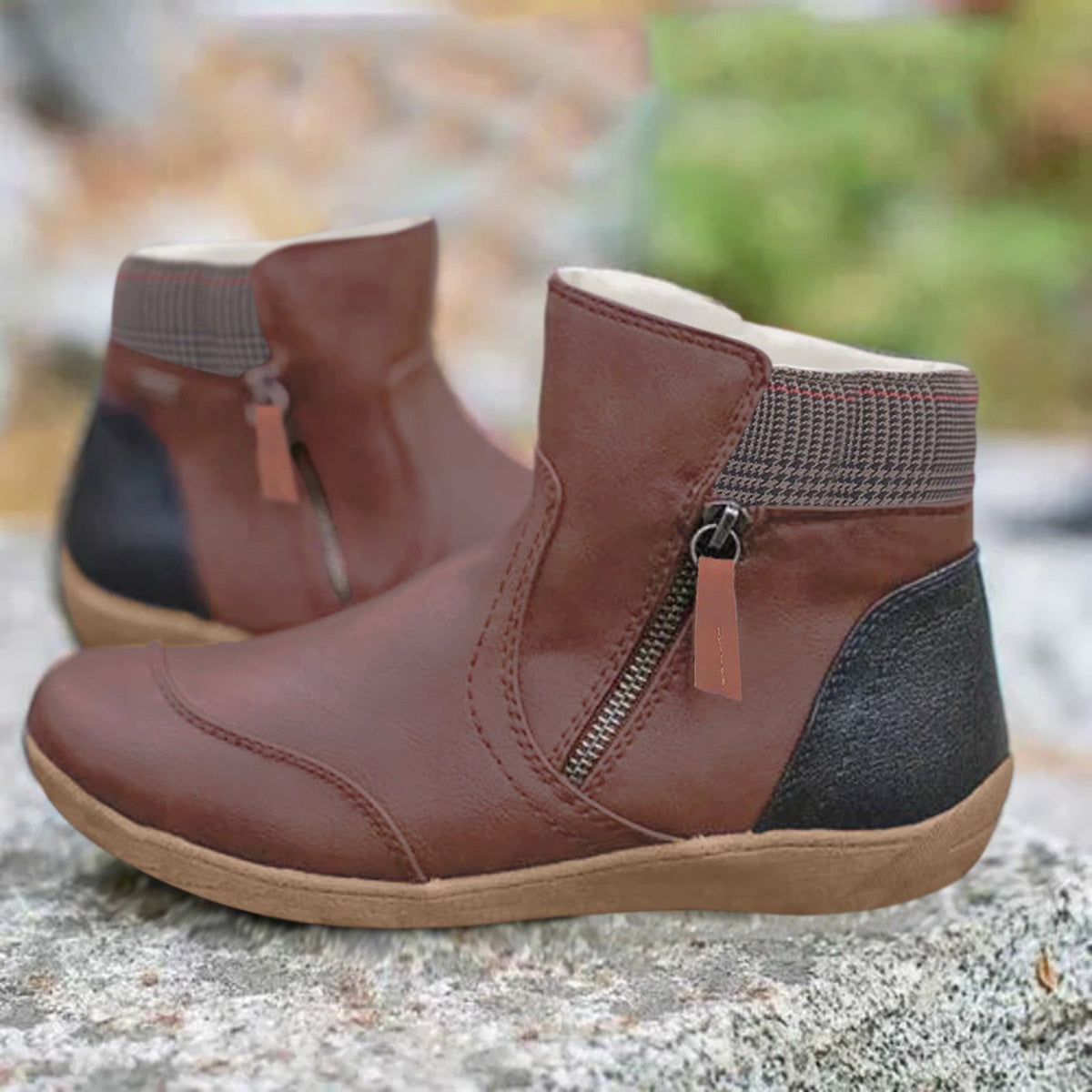 Women's Plaid Faux Leather Ankle Boots - Brown