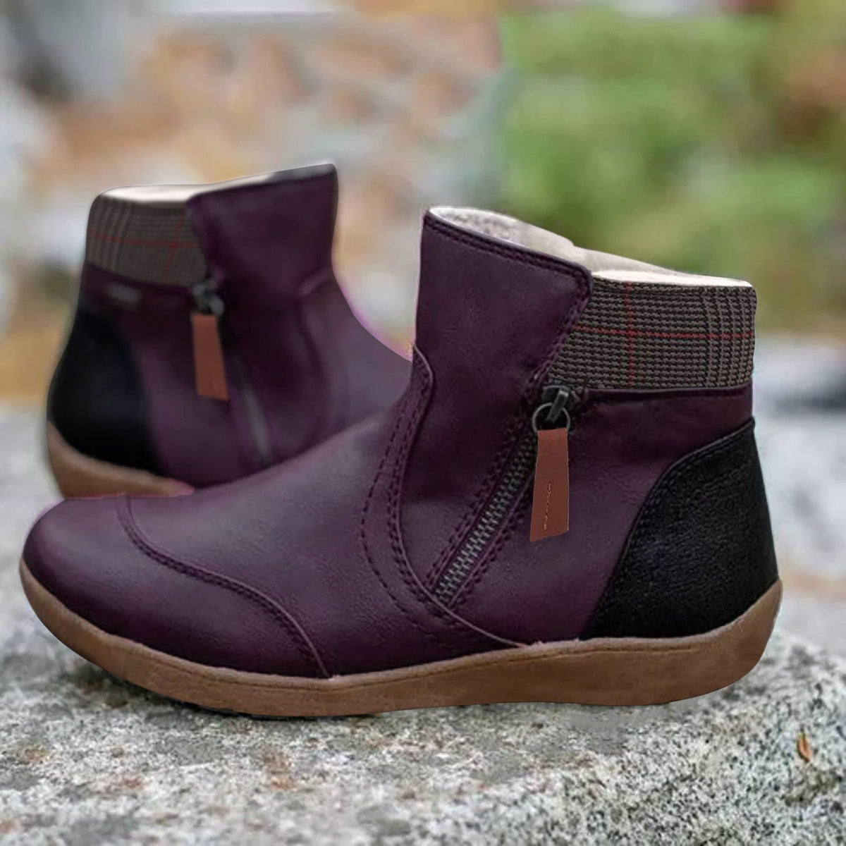 Women's Plaid Faux Leather Ankle Boots - Purple