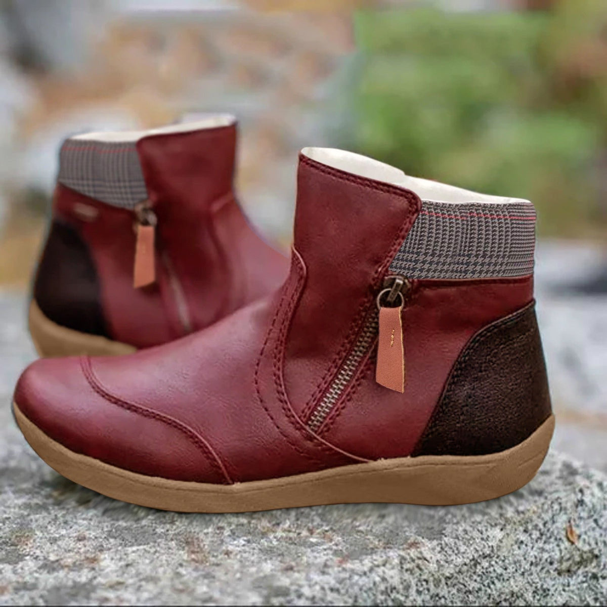 Women's Plaid Faux Leather Ankle Boots - Red