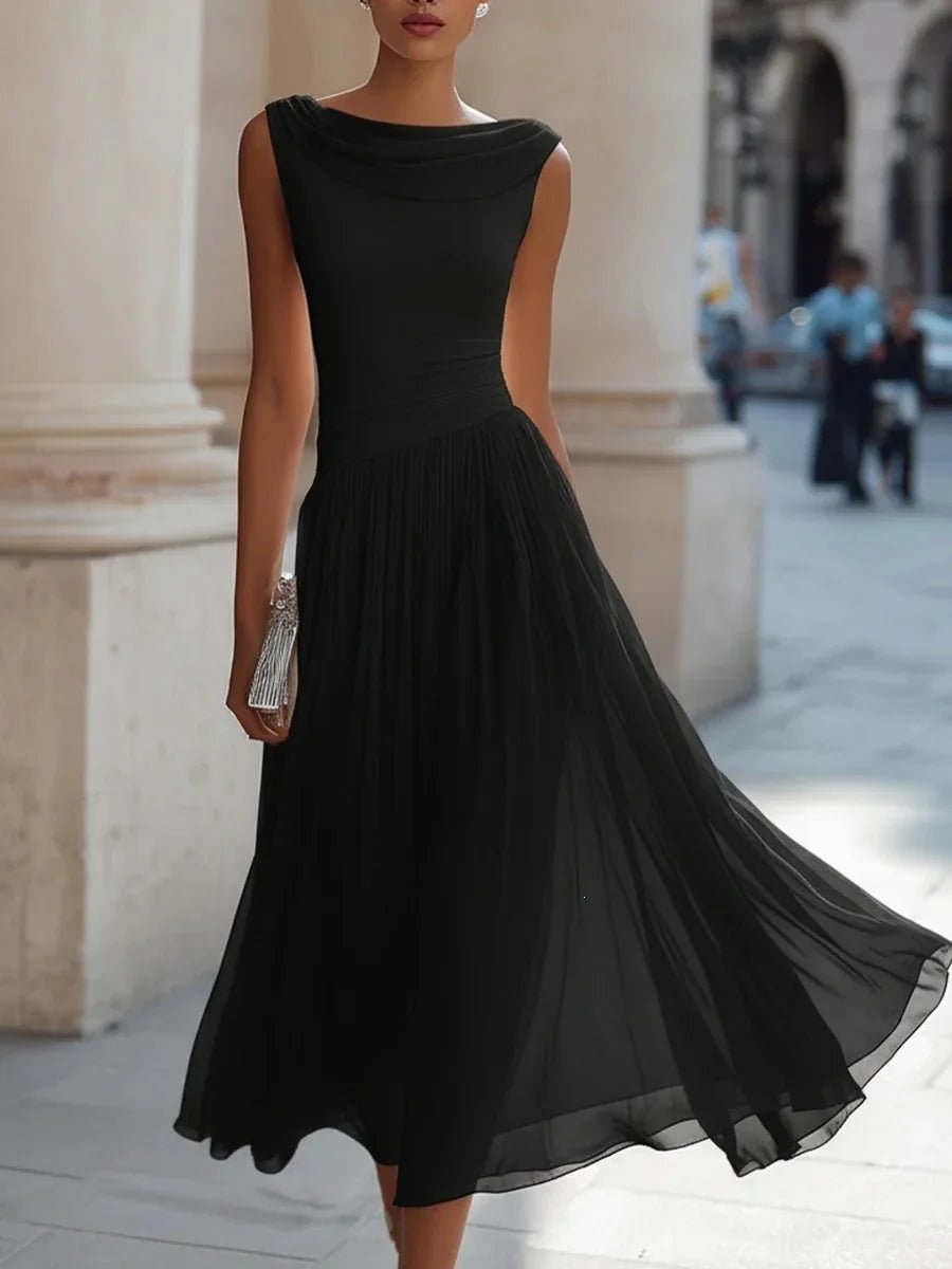 Women's Midi Cocktail Chiffon Dress - Black