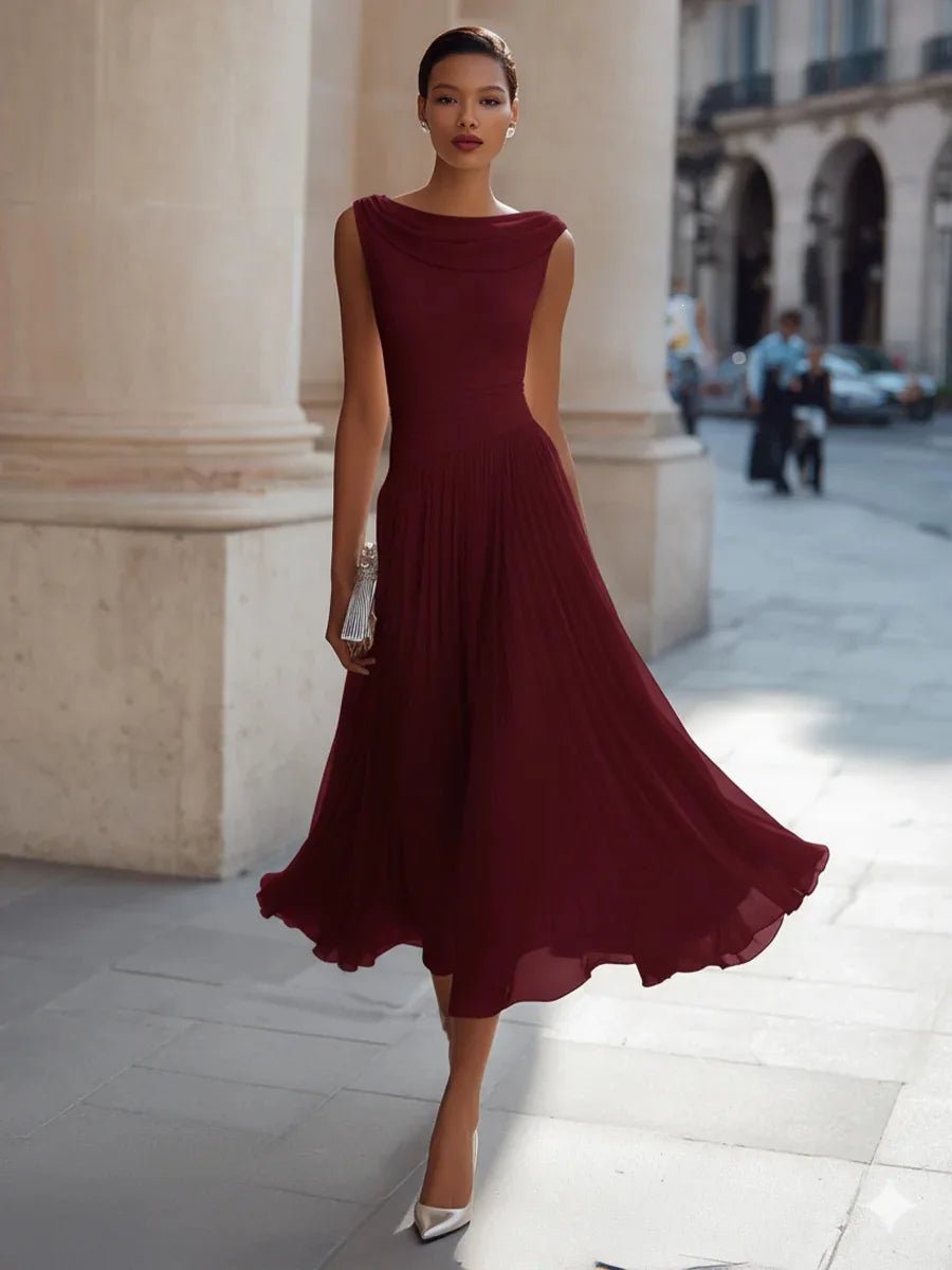 Women's Midi Cocktail Chiffon Dress - Red