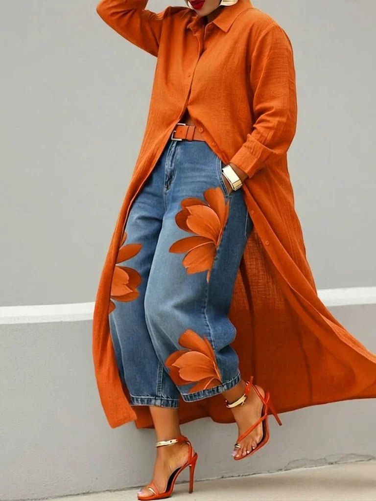 Women's Long Sleeve Oversized Maxi Shirt Dress - Orange