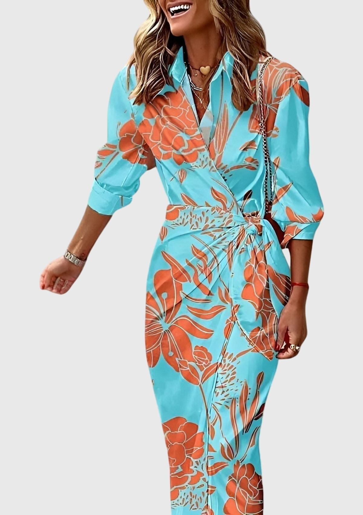 Women's Satin Wrap Midi Dress - Turquoise