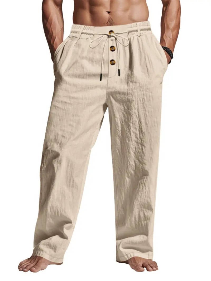 Men's Linen Drawstring Trousers - Khaki