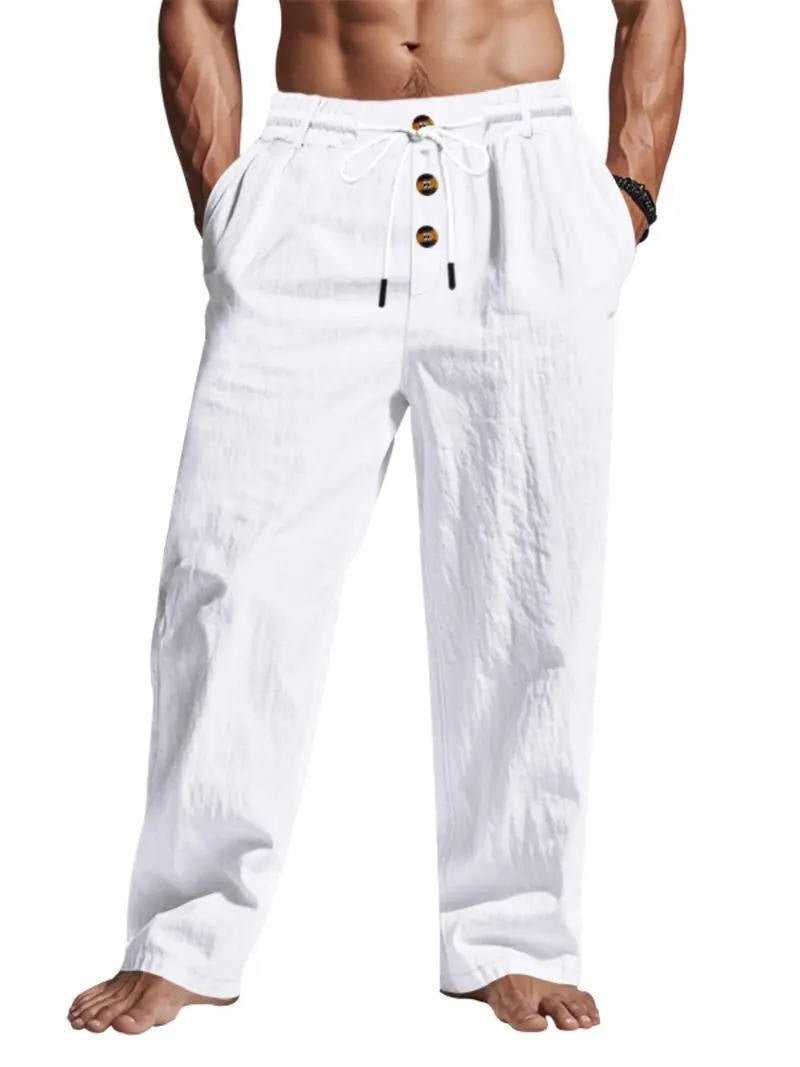 Men's Linen Drawstring Trousers - White