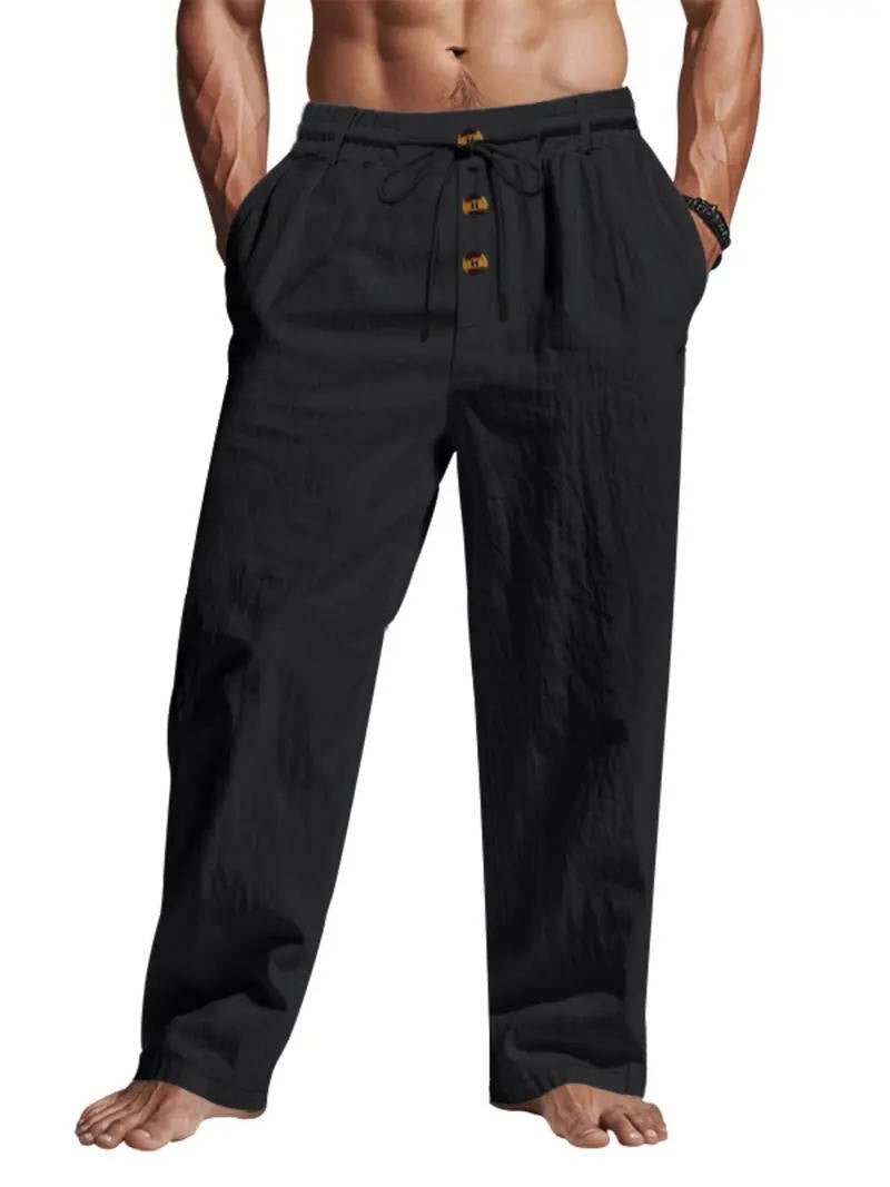 Men's Linen Drawstring Trousers - Black