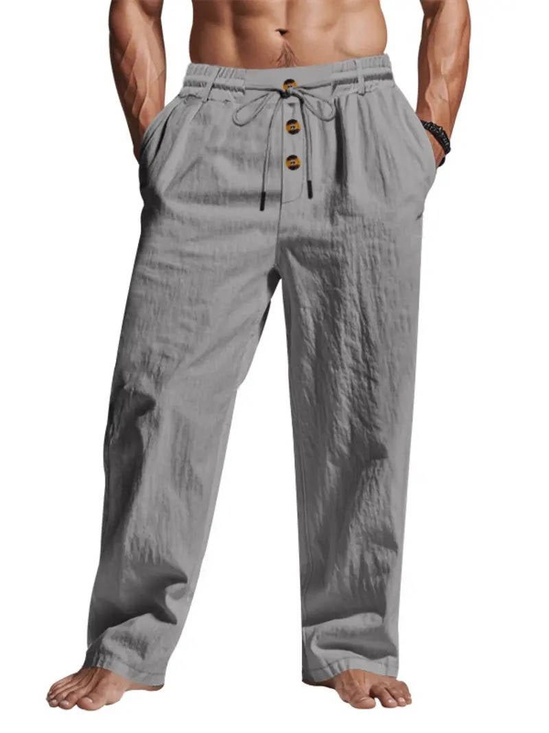 Men's Linen Drawstring Trousers - Gray