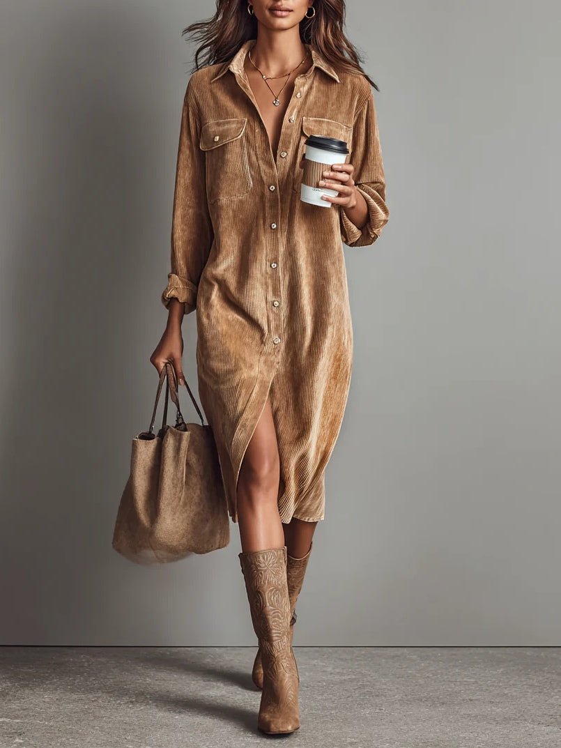 Women's Long Sleeve Oversized Corduroy Midi Dress - Khaki