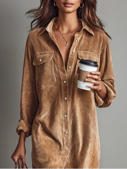 Women's Long Sleeve Oversized Corduroy Midi Dress