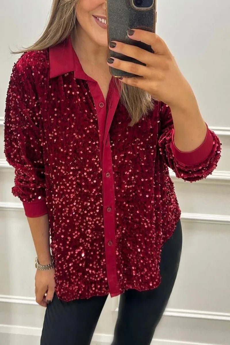 Women's Long Sleeve Oversized Sequin Shirt - Red