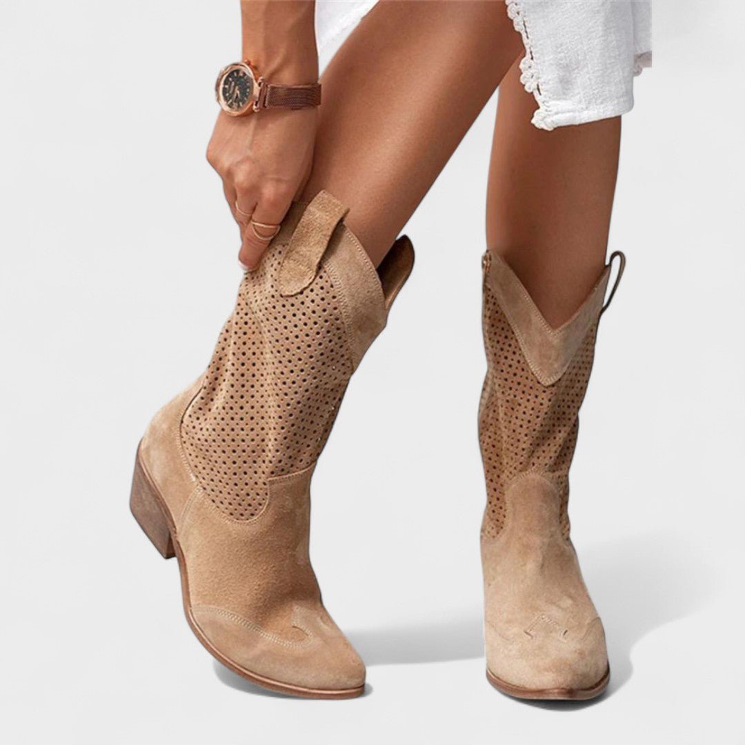 Women's Suede Cowboy Ankle Boots - Brown