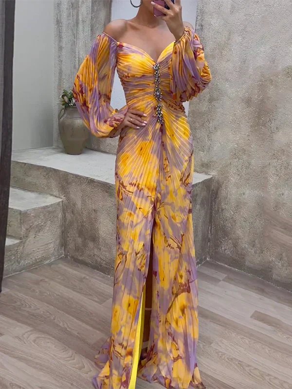 Women's Floral Maxi Off-Shoulder Party Dress - Yellow