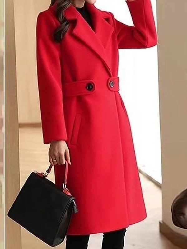 Women's Midi Wool Coat - Red