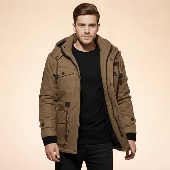 Men's Hooded Fur-Lined Parka Jacket - Khaki