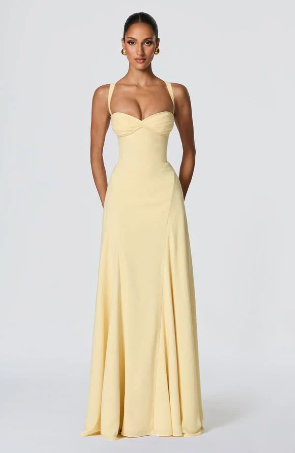 Women's Crepe Corset A-Line Party Gown - Light Yellow