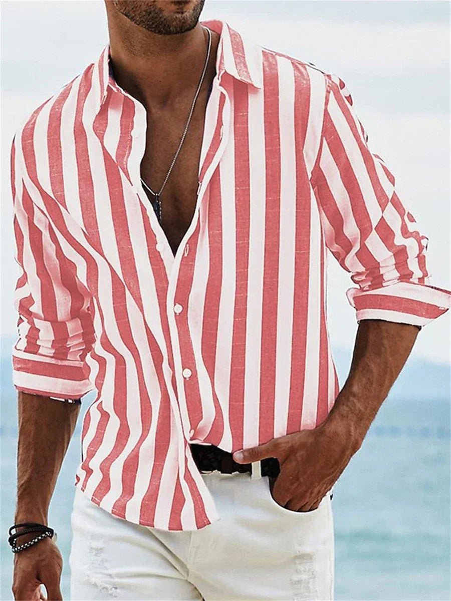 Men's Long Sleeve Striped Shirt - Red